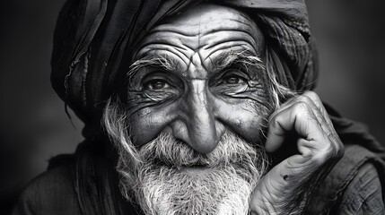 Classic monochrome portrait of an old man smiling.