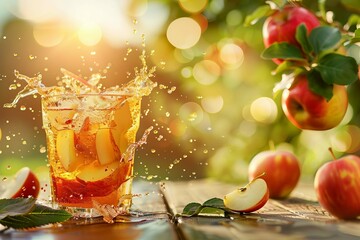 fresh apple juice splashing in sunset summer background with white wood table digital illustration