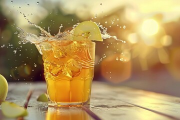 fresh apple juice splashing in sunset summer background with white wood table digital illustration