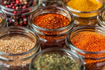 A Variety of Spices Stored in Jars, Their Vivid Colors Add Charm to the Kitchen