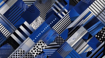 A collage of blue and white squares and circles