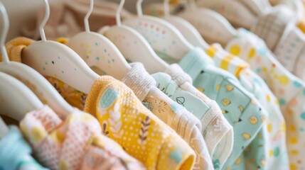 Close-up of various patterned baby outfits neatly hung on a retail rack, ready for shoppers.