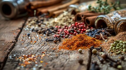 Assorted Spices and Herbs Arranged on a Wooden Table