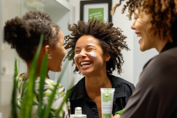 Black women are laughing and smiling, preparing for the day in the bathroom with hydrating cream