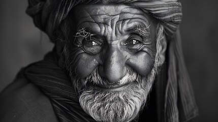 Classic monochrome portrait of an old man smiling.