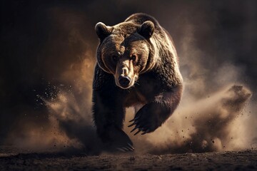 Dynamic front view of a bear running fast in low light, with flying dust and motion blur.