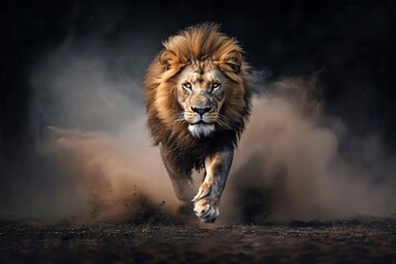 Dynamic image of a lion running fast at night, dust billowing, motion blur visible, intense and dramatic.