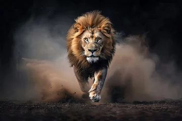 Selbstklebende Fototapeten Dynamic image of a lion running fast at night, dust billowing, motion blur visible, intense and dramatic. © vachom