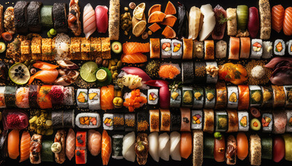 Top view of various Japanese Sushi on the dark black background. Food and cuisine concept. Nutrition and vitamin theme. Generative AI - Powered by Adobe