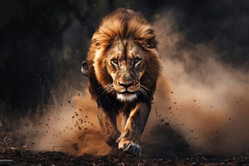 A lion in a dynamic running pose at night, showing motion blur, dust flying, and detailed texture.