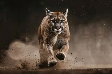 Puma running at high speed in a dark setting, dust flying, with motion blur and detailed fur...