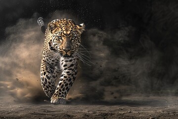 Leopard charging towards the viewer in low light, motion blur and dust evident, with detailed fur texture and dynamic posture.