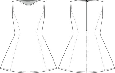 sleeveless zippered round neck crew neck princess darted short mini a-line dress template technical drawing flat sketch cad mockup fashion woman design style model
