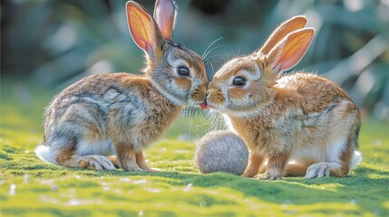 Fototapeta premium Two rabbits lounge side-by-side on a green meadow, surrounded by tall trees