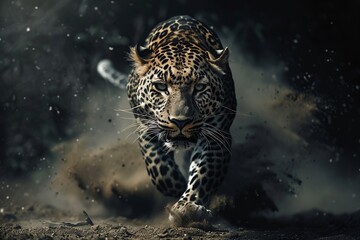 Leopard running swiftly, motion blur, dust flying, dynamic, high contrast, detailed skin texture, dark backdrop.