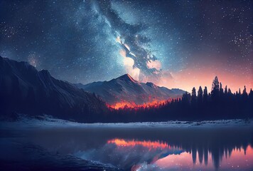 Starry night landscape with mountain and milky way sky background. Beauty in nature and Astrology...