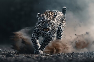 Leopard running fast in the dark, dust flying, motion blur visible, low light, dynamic pose.