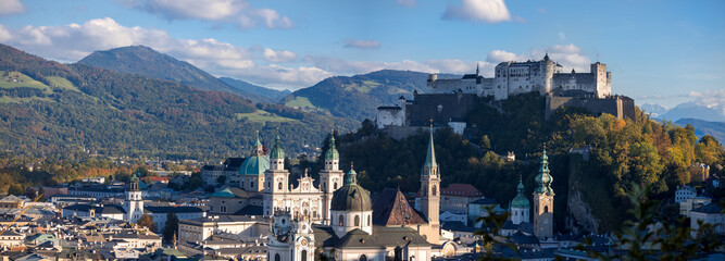 Aerial view of Salzburg Cathedral . Cathedral of Saints Rupert and Virgil and Salzburg fort.