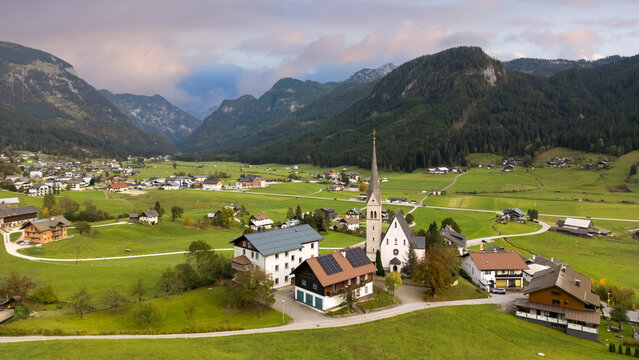 Panoramic aerial view of Church in scenic Gosau village in Austria.