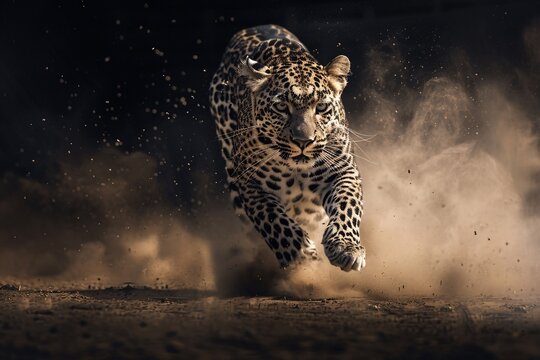 High speed photography captures a leopard running at night, dust swirls in motion blur, dynamic and dramatic.