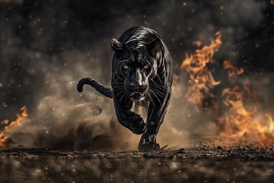 Dynamic image of a black panther running at high speed in the dark, with fire and flying dust, illustrating motion blur.