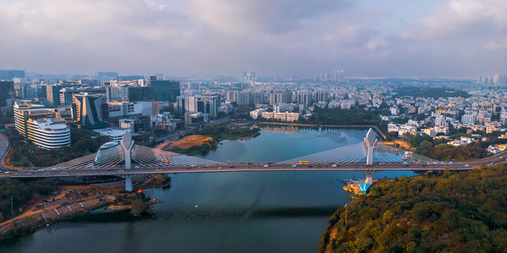 Aerial view of Durgam cheruvu Cable Bridge in Hyderabad city, India under twilight. Drone shot.