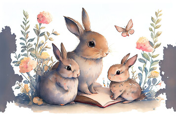 Rabbit family spends time together reading a book on white background. Animal and education concept. Generative AI