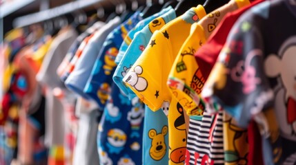 A variety of colorful children shirts with cartoon designs hanging on a retail rack.