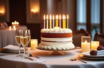 Delicious cake with burning candles on the set table and festive decor. The concert is a birthday...