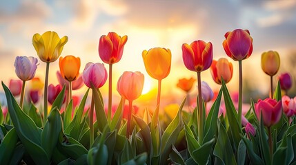 A field of tulips with the sun shining on them. The sun is in the background and the flowers are in the foreground