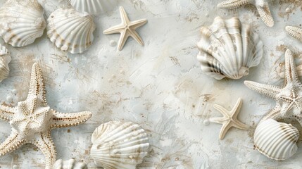 A wallpaper design featuring repeating seashells and starfish creating a sense of movement and rhythm reminiscent of tides..