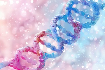 A colorful DNA strand with pink, blue, and purple swirls. The image is abstract and has a dreamy, ethereal quality - obrazy, fototapety, plakaty