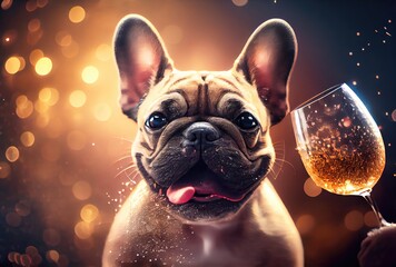 Happy French Bulldog dog with toasted wine glass in party and golden bokeh light background. Animal and pet concept. Digital art illustration. Generative AI - Powered by Adobe