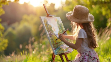 A young artist is painting a picture in a meadow, surrounded by a beautiful natural landscape. The grassland provides the perfect backdrop for her artistic expression AIG50
