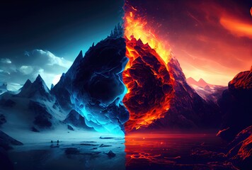 Half fire and half ice mountains with the sky background. Metaphor and conflict concept. Generative AI - Powered by Adobe