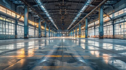 A large, empty warehouse with a lot of windows. The space is very open and empty, with a lot of natural light coming in from the windows. The emptiness of the space gives it a feeling of emptiness - obrazy, fototapety, plakaty