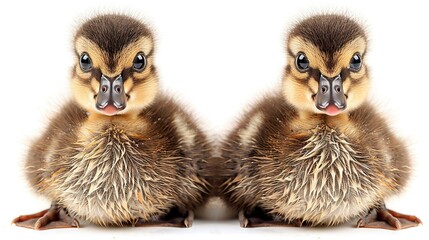   Two baby ducks sitting side by side on a white surface, with one looking directly at the camera and the other gazing slightly away