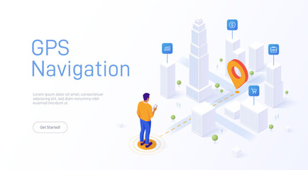 Man uses his mobile phone GPS amidst towering isometric skyscrapers, following a digitally laid-out route. Location tracking concept isometric vector illustration. Choosing shortest road.