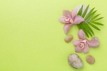 Composition with orchids and massage stones on color background, top view