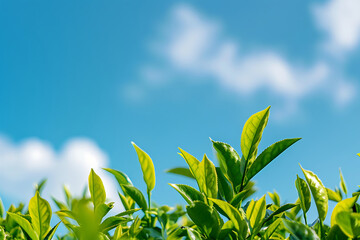 green tea leaves against the blue sky, The focus is on the vibrant colors and textures of freshly...