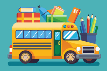 Yellow school bus loaded with educational supplies for back to school season, flat vector illustration
