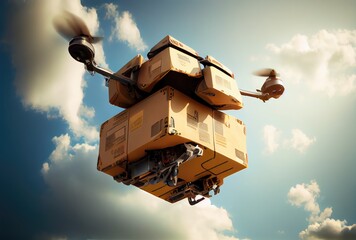 Cute future delivery drone with parcel box flying over the high sky background. Innovative...