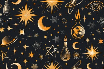 Night Sky Seamless Pattern: Celestial Moon, Crescent, and Stars