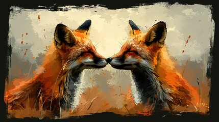 Obraz premium Two foxes standing beside each other in front of an orange and yellow painting on a white canvas