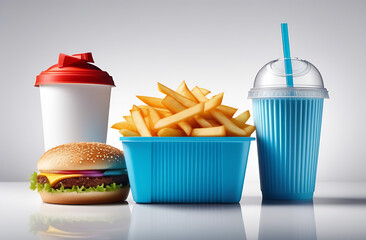 Food in a container and a glass with a takeaway drink isolated on a white background close-up
