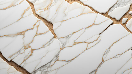 A white marble floor with cracks and gold trim