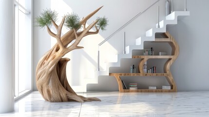 Unique home decor concept featuring a tree bookcase filled with vibrant books.