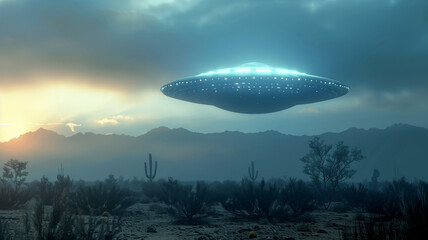Obraz premium A gleaming extraterrestrial vessel emerges from the desert horizon,