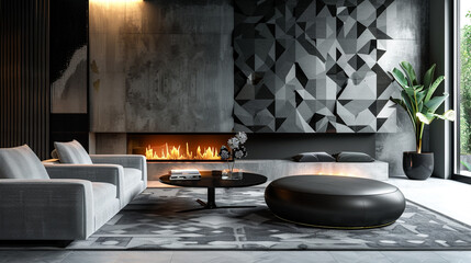 Discover a modern minimalist living room with sleek, low-profile furniture, a statement fireplace, and a stunning accent wall featuring geometric patterns.