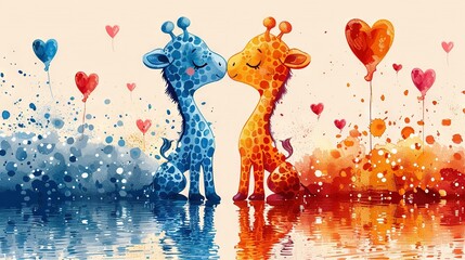   A pair of giraffes standing near a body of water with heart-shaped balloons